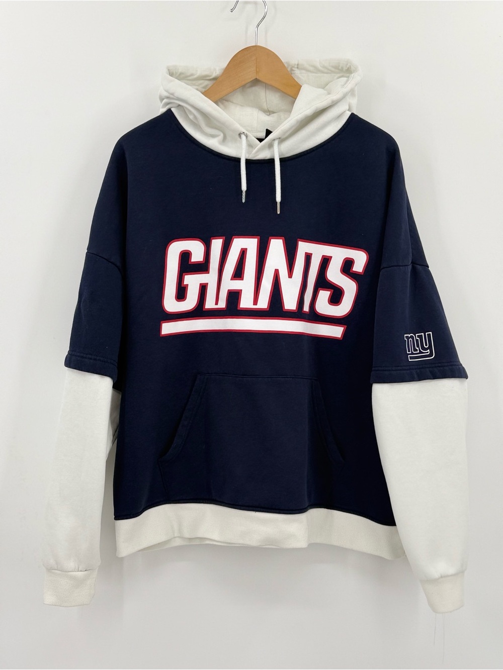 NFL x Primark New York Giants Hoodie Womens L Navy White Colorblock Double Layer